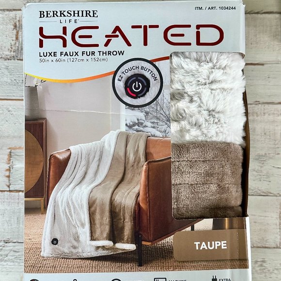 Berkshire Life Heated Luxe Faux Fur Throw 50" x 60" Taupe Electric Blanket - Picture 1 of 3
